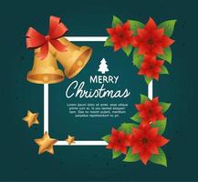 happy merry christmas belettering kaart met bellen en sterren in bloemen frame vector