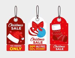drie happy merry christmas-tags hangen vector