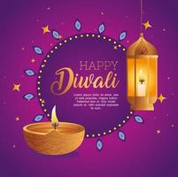 gelukkig diwali diya kaars en lantaarn vector design