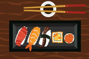 sushi, Japans voedsel Aan een houten achtergrond. verrukkelijk. sushi rollen met Zalm, , selectief voedsel vector. vector