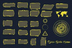 digitaal koppel hud elementen reeks pak. gebruiker koppel, kader schermen. toelichtingen titels, fui cirkel set, bezig met laden bars. dashboard realiteit technologie scherm. vector
