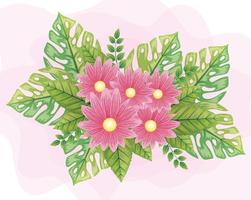 schattige bloemen roze kleur met bladeren naturals vector