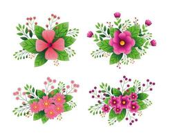 set van decoratie bloemen met takken en bladeren vector