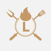 brief l restaurant logo met rooster vork en spatel icoon. heet rooster symbool vector