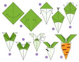 wortel origami regeling zelfstudie in beweging model. origami voor kinderen. stap door stap hoe naar maken een schattig origami groente. vector illustratie.