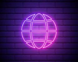 gloeiende neon lijn earth globe icoon geïsoleerd op bakstenen muur achtergrond. wereld of aarde teken. wereldwijd internetsymbool. geometrische vormen. vectorillustratie. vector