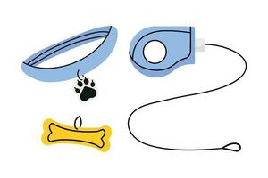 huisdier benodigdheden en wandelen uitrusting verzameling gesp halsband, lood en bot vormig identificatie label. vector