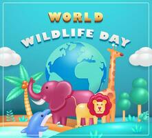 wereld dieren in het wild dag. vector tekenfilm 3d gelukkig dieren in het wild dag. wild dieren Leuk vinden leeuw, olifant, giraffe en dolfijn, Aan aarde achtergrond. geschikt voor evenementen