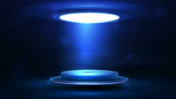 blauw drijvend in de lucht leeg podium met cirkel plafond lamp in donker en blauw tafereel vector