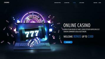 online casino, donker web banier met bieden, laptop, sleuf machine, neon spelen kaarten, neon roulette, Dobbelsteen en poker chips Aan donker achtergrond vector