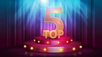 top 5, banier met rood podium met prijs, lamp lichten en spotlight Aan achtergrond met gordijn vector