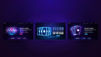 verzameling van banners met casino neon kaarten. digitaal neon casino web banners reeks vector