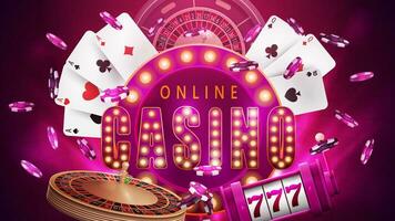 online casino, roze poster met casino elementen. retro uithangbord, sleuf machine, casino roulette, poker chips en spelen kaarten vector