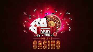 online casino, rood poster met schijnwerpers, sleuf machine met jackpot, casino roulette wiel, poker chips en spelen kaarten vector