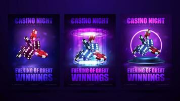 posters met neon dobbelstenen en casino chips. casino nacht, reeks van uitnodiging posters met neon casino dobbelstenen. vector