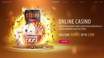 online casino, geel banier met smartphone, casino sleuf machine, casino roulette, spelen kaarten, poker chips Aan goud podium met geel neon ring Aan vuur, 3d realistisch vector illustratie.