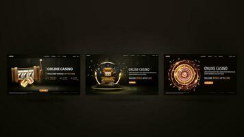 reeks van zwart en goud casino web banners met goud sleuf machine, neon casino roulette en poker chips Aan donker achtergrond vector