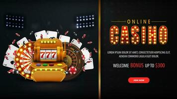 online casino, zwart en goud horizontaal banier met knop, bieden, sleuf machine, casino wiel fortuin, roulette, vallend poker chips en spelen kaarten. vector