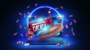 online casino, blauw banier met laptop, sleuf machine, casino roulette en poker chips in blauw tafereel met neon ring Aan achtergrond. vector