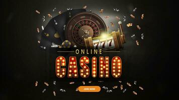 online casino, zwart banier met knop, sleuf machine, casino roulette, vallend poker chips en spelen kaarten. vector