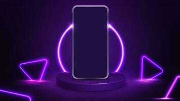 smartphone Aan Purper podium met lijn neon ring Aan achtergrond en neon Purper driehoeken in de omgeving van. vector