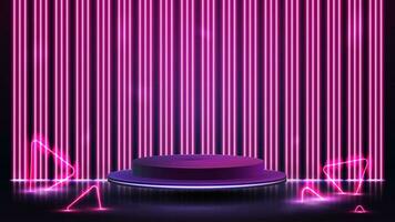 Purper podium drijvend in de lucht met lijn neon roze muur Aan achtergrond en neon driehoeken in de omgeving van vector