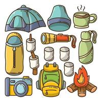 set handgetekende camping cartoon doodle bundel vector