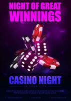 casino nacht, paars poster met neon 3d Dobbelsteen met rood en zwart realistisch het gokken stack van casino chips vector