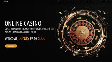 online casino, zwart banier met bieden, knop en goud schijnen realistisch draaien casino roulette wiel met poker chips vector