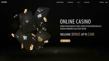online casino, zwart uitnodiging banier voor website met Welkom bonus, knop en vallend zwart en goud casino poker chips met spelen kaarten vector