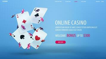 online casino, blauw banier met Welkom bonus, knop en vallend casino poker chips met spelen kaarten vector