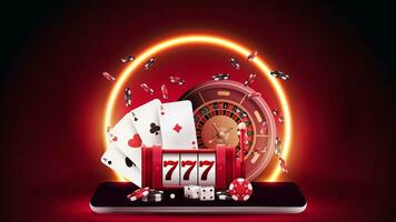 online casino, rood banier met sleuf machine, casino roulette, poker chips en spelen kaarten Aan smartphone in rood tafereel met oranje neon ring Aan achtergrond. vector