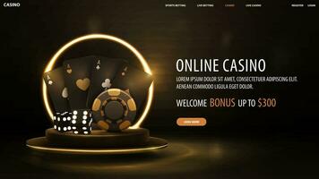 online casino, zwart banier met Welkom bonus, knop, goud casino spelen kaarten, Dobbelsteen en poker chips Aan goud podium met geel neon ring Aan achtergrond vector