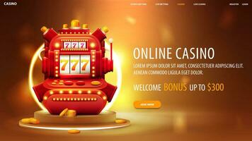 online casino, oranje banier met volumetrisch rood sleuf machine Aan goud podium met geel neon ring vector