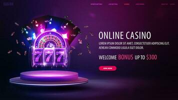 online casino, Welkom bonus, banier voor website met knop, Purper neon casino roulette, neon sleuf machine, neon spelen kaarten en poker chips Aan roze podium vector