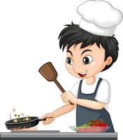 stripfiguur van een chef-kok jongen koken van voedsel vector