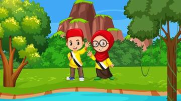 brunei kids dragen traditionele kleding in het boslandschap vector