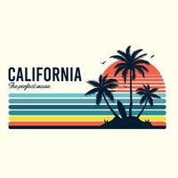 Californië perfect Golf surfing strand paradijs. zonsondergang zomer palm bomen, Californië strand grafisch afdrukken ontwerp voor t shirt, poster, sticker en anderen. zomer gevoel. vector