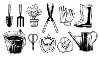 schets vector set tuingereedschap. troffel, vork, plantenpot, heggenschaar, handschoenen, laarzen, emmer, schaar, paprika en gieter met de hand getekende illustratie