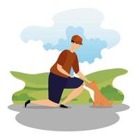 man met hond huisdier in parklandschap vector