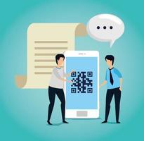 code qr in smartphone met zakenlieden en pictogrammen vector