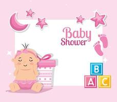 babyshowerkaart met babymeisje en decoratie vector