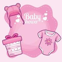 babyshowerkaart met babykleding en decoratie vector