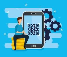 code qr in smartphone met zakenman en pictogrammen vector