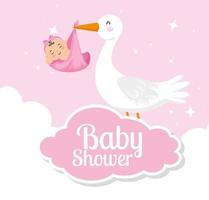 babyshowerkaart met schattige ooievaar en decoratie vector