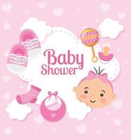 babyshowerkaart met schattig klein meisje en decoratie vector