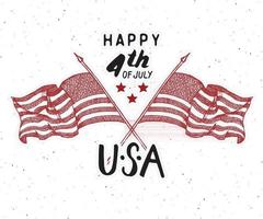 gelukkige dag van de onafhankelijkheidsdag vintage vs wenskaart, viering van de Verenigde Staten van Amerika. hand belettering, Amerikaanse vakantie grunge getextureerde retro ontwerp vectorillustratie. vector