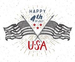 gelukkige onafhankelijkheidsdag, vierde juli, vintage usa wenskaart, viering van de verenigde staten van amerika. hand belettering, Amerikaanse vakantie grunge getextureerde retro ontwerp vectorillustratie. vector