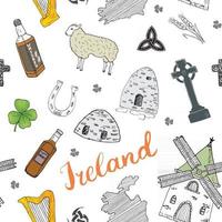 Ierland schets doodles naadloze patroon. Ierse elementen met vlag en kaart van Ierland, Keltisch kruis, kasteel, klaver, Keltische harp, molen en schapen, whiskyflessen en Iers bier, vectorillustratie vector