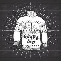 vintage label, grunge getextureerde hand getrokken retro badge of t-shirt typografie design met raindeer trui en belettering wintertijd vectorillustratie. vector